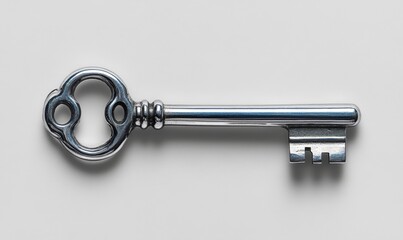Vintage Silver Key Isolated on Clean White Background for Design and Conceptual Use in Security, Access and Unlocking Themes