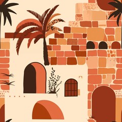 Flat illustration of an ancient Jerusalem wall with terracotta-colored stones, arches, and date palm trees in a warm, earthy palette. Minimalist mid-century modern style, simple shapes, no shading.