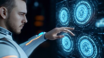 Fototapeta premium Futuristic Technology Interface with Male Figure Interacting Digitally