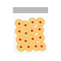 various indonesian pastry in the jar. Indonesian cookies on a white background. These thin, crispy cookies, popular during Aid al Fitri, are neatly stacked inside a clear jar,
