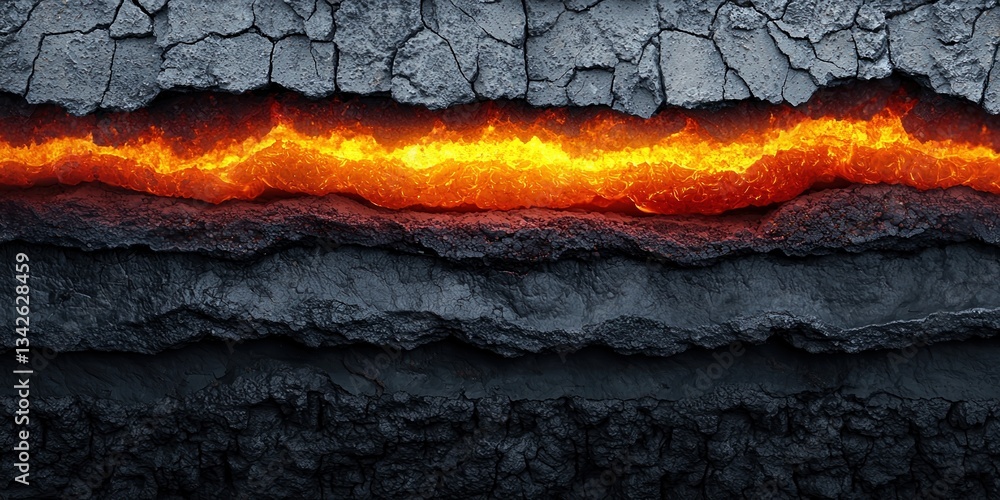 Poster deep earth layers concepts. lava flow beneath cracked surface showing intense heat and texture.