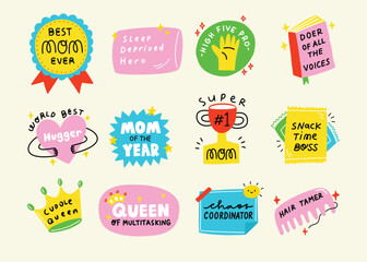 A vibrant collection of playful affirmation stickers celebrating moms