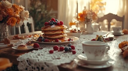 Naklejka premium Fluffy Pancake Stack with Fresh Berries and Maple Syrup for a Lavish Brunch (AI Image)