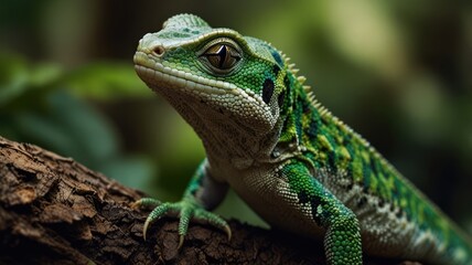 Fototapeta premium Close-up of a vibrant green lizard on a branch
