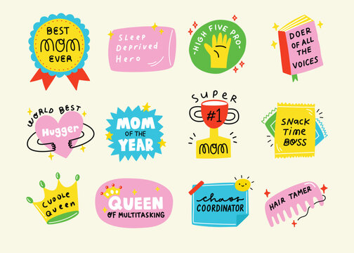 A vibrant collection of playful affirmation stickers celebrating moms