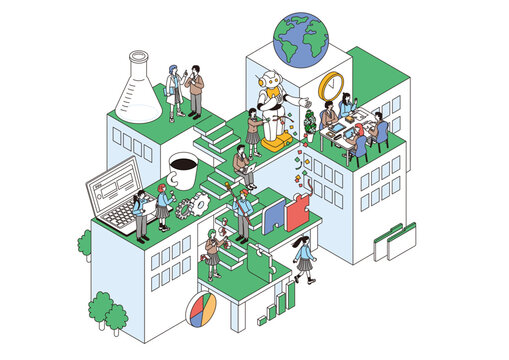 楽しい学校生活をイメージするアイソメトリック構図のイラスト
