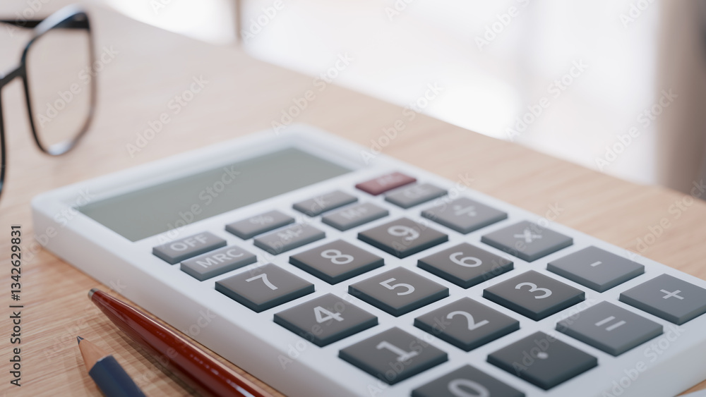 Poster check finances with a calculator on desk, 3d rendering