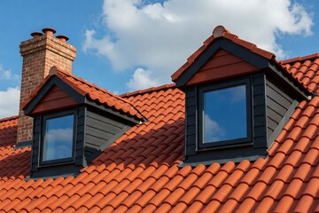 Fototapeta premium Rooftop with terracotta tiles and a dormer window under a sunny sky. A close-up view of a portion of a house roof featuring terracotta-colored tiles.