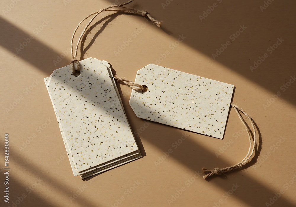 Poster tag mockups with string on a table in natural light