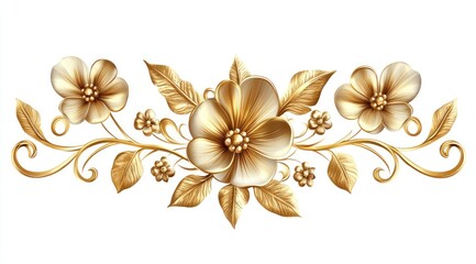 Golden floral design element, ornate flowers and leaves.