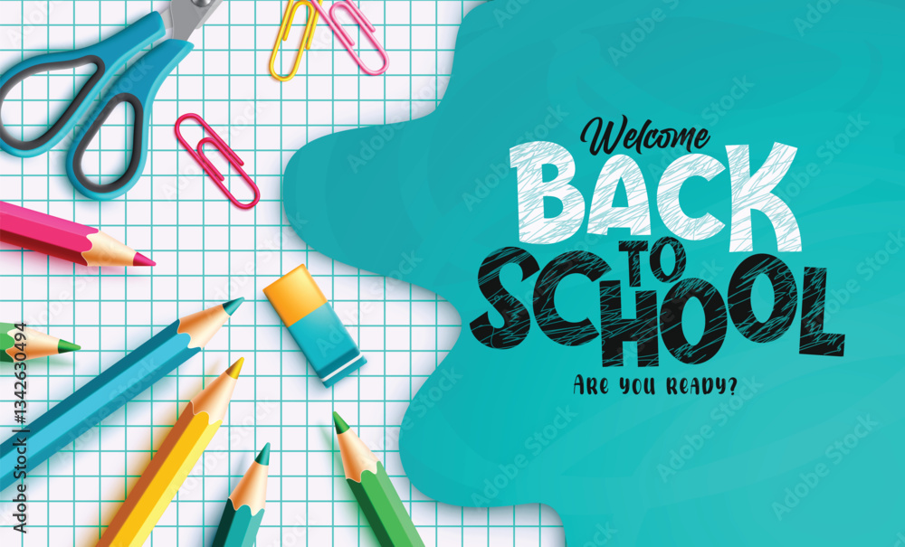 Aufkleber back to school vector template design. back to school text in abstract space with color pencil and s