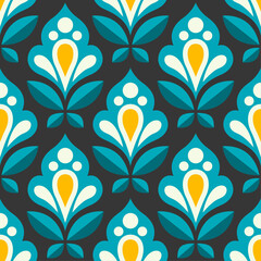 Ornamental damask, repeating pattern in blue. Abstract floral flowers.