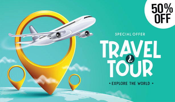 Travel promo vector design. Travel tour text with special offer discount with airplane and location pin elements for flight travelling price sale promotion. Vector illustration.

