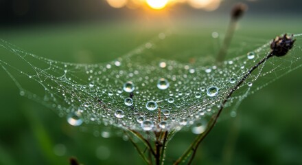 Close Up View Of Dew Covered Spider Web On Plant During Dawn