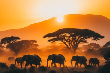 Fototapeta premium Elephants travel through golden savanna at sunset under mountains with silhouettes
