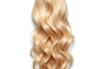 Naklejka premium Curly blonde hair isolated on white background. Beautiful healthy long blond hair lock, haircut, hairstyle.