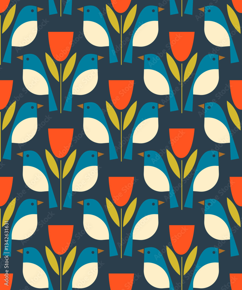 Poster Flowers and birds, abstract pattern. Vector minimalistic pattern with birds.