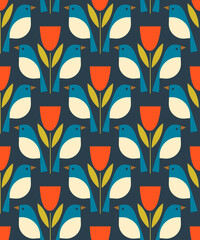 Flowers and birds, abstract pattern. Vector minimalistic pattern with birds.