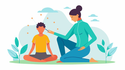 Obraz premium A person comfortably seated while the trained hands of an acupuncture practitioner place needles along specific meridian points as part of a wellnessfocused treatment.. Vector illustration