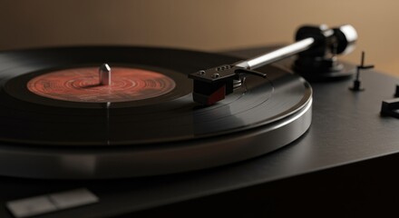 Closeup Of A Vinyl Record Playing On A Turntable With Warm Lighting Using A