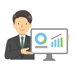 パソコンのデータを見せる男性