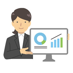 パソコンのデータを見せる女性