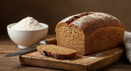 Dark Brown Bread Loaf on Wooden Board with Flour Bowl