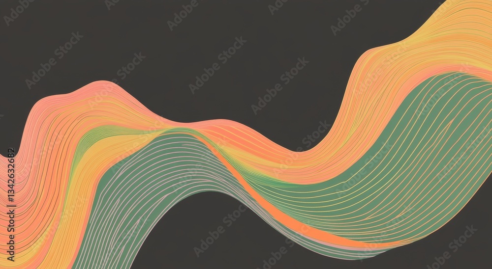 Poster abstract colorful wave pattern flows with green, orange and yellow lines on a gray background.