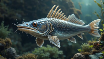 Fototapeta premium Detailed Closeup Of A Blue And Gray Fish With Spines And Barbels In An