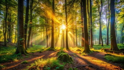 Fototapeta premium Sunbeams Through Forest Canopy