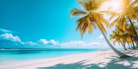 Obraz premium Beautiful tropical beach with palm trees and clear turquoise water under a sunny sky