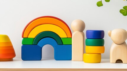 Colorful Wooden Toys Arrangement with Rainbow and Stackable Pieces
