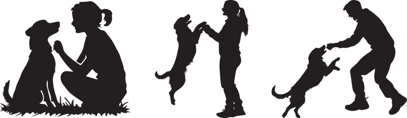 Silhouette of a dog and a person playing together, symbolizing the happiness of companionship vector silhouette