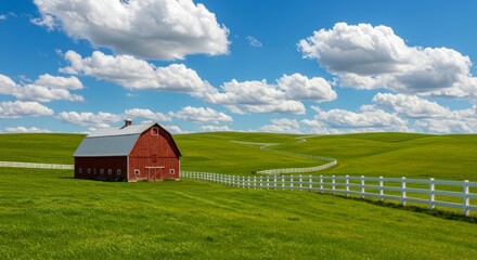 Obraz premium Red Barn in a Lush Green Field with White Fence under a Blue Sky