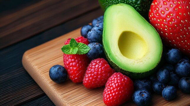 Fresh Avocado and Berries on Wooden Cutting Board Display