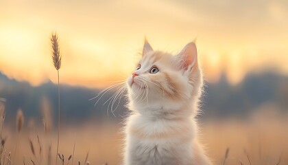 Kitten Sunset Meadow Gaze.