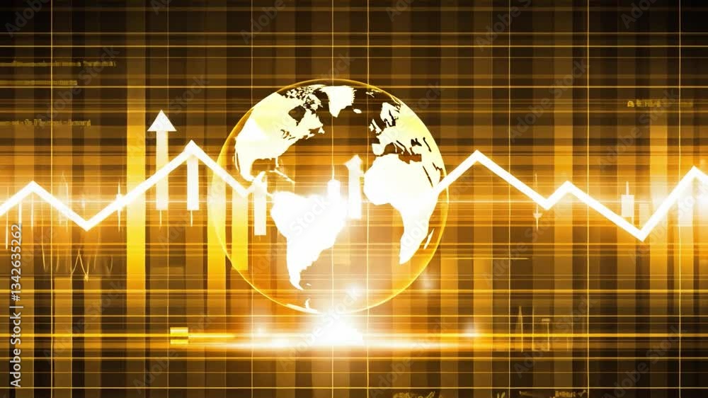 Poster glowing golden globe with financial graphs and charts symbol of global economic trends and market an