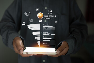 A person holding a smartphone displays a digital marketing funnel with steps like Attention,...