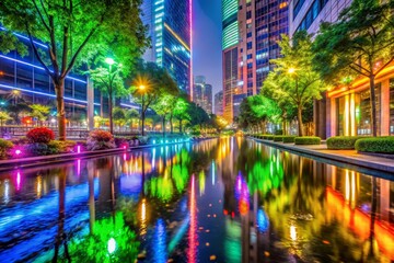 Obraz premium Cityscape Reflection on Water at Night