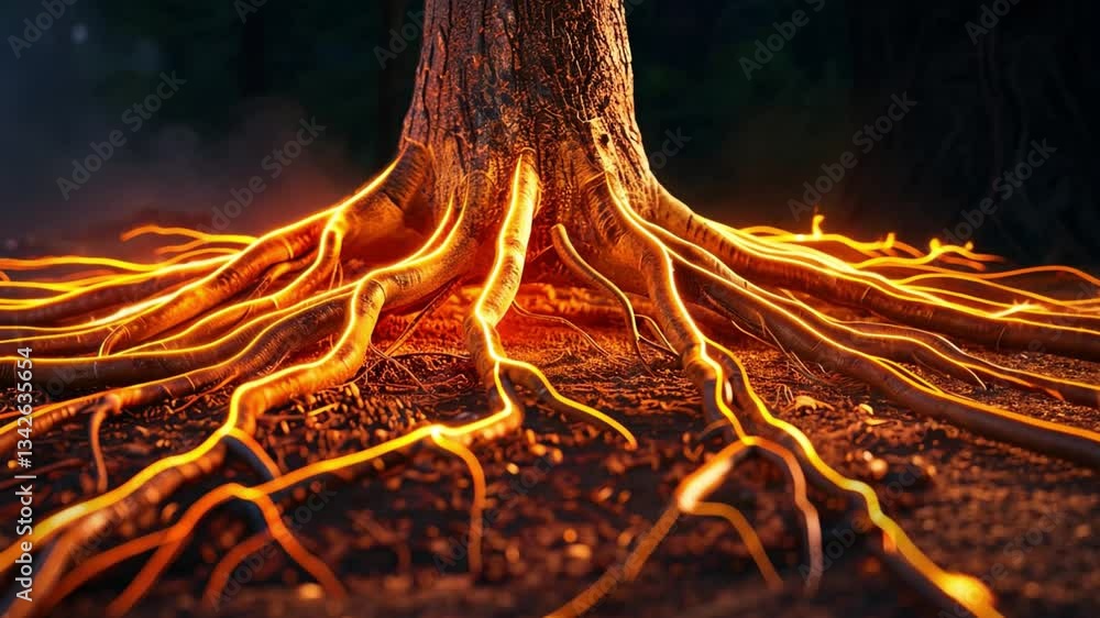Poster mystical tree with glowing roots illuminates dark forest enchanting vibrant light contrasts with dar