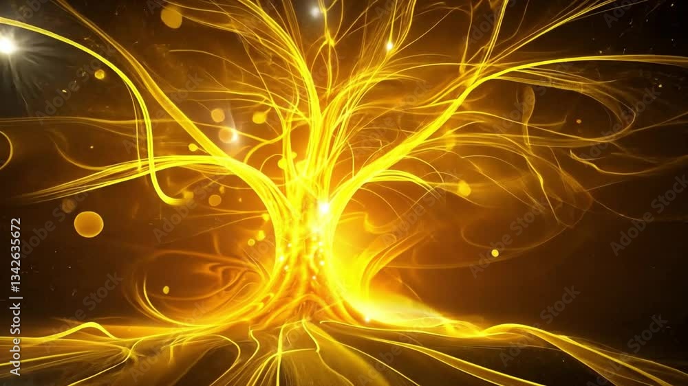 Poster glowing abstract tree with swirling golden branches and luminous orbs radiates light against dark ba