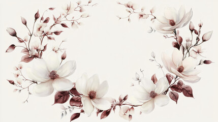 Naklejka premium A beautifully arranged botanical wreath in watercolor, showcasing antique white magnolias, dusty rose blossoms