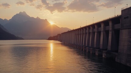 Obraz premium Majestic Sunset Over Serene Dam with Reflections on Water Surface