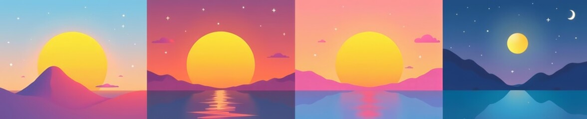 Fototapeta premium Set of minimalist icons depicting different times of the day including sunrise, noon, sunset, and midnight, symbol, hour