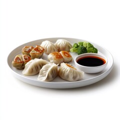 Dumplings assortment on white plate, studio shot