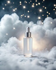 Luxury skincare mockup concept. A glass dropper bottle amidst fluffy clouds and shimmering lights creates a dreamy aesthetic.