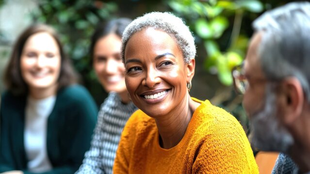 Smiling Woman in Bright Sweater Engaging with Friends Outdoors