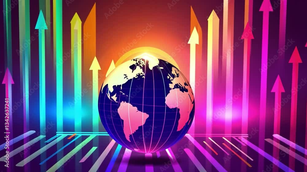 Poster vibrant digital illustration of globe with colorful upward arrows symbolizing global growth and prog