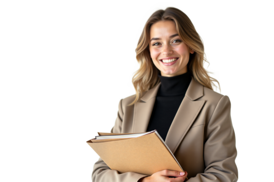 Friendly, competent businesswoman portrait. Smiling young professional with folder for corporate, career, HR, training, leadership, management. Isolated on transparent background.