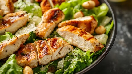 A close-up of a fresh Caesar salad with grilled chicken slices.
